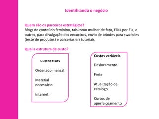 Identificando o negócio


Quem são os parceiros estratégicos?
Blogs de conteúdo feminino, tais como mulher de fato, Ellas por Ela, e
outros, para divulgação dos encontros, envio de brindes para swatches
(teste de produtos) e parcerias em tutoriais.

Qual a estrutura de custo?
                                          Custos variáveis
         Custos fixos
                                          Deslocamento
      Ordenado mensal
                                          Frete
      Material
      necessário                          Atualização de
                                          catálogo
      Internet
                                          Cursos de
                                          aperfeiçoamento
 