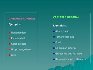 VARIABLE NOMINAL  Ejemplos:  Nacionalidad Estadio civil Color de pelo Grupo sanguíneo raza VARIABLE ORDINAL Ejemplos:   Altura, peso Tamaño del piso Edad La presión arterial Grados de desnutrición  Respuesta a un tratamiento 