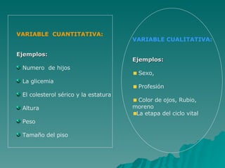 VARIABLE  CUANTITATIVA: Ejemplos:  Numero  de hijos La glicemia  El colesterol sérico y la estatura Altura Peso Tamaño del piso VARIABLE CUALITATIVA: Ejemplos:  Sexo, Profesión Color de ojos, Rubio, moreno La etapa del ciclo vital 