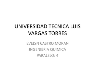 UNIVERSIDAD TECNICA LUIS
VARGAS TORRES
EVELYN CASTRO MORAN
INGENIERIA QUIMICA
PARALELO: 4
 
