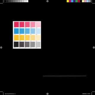 TEORIA DEL COLOR
                                        Espctro visible:
                                        Escuchamos parte del sonido.
                                        RGB (pantalla del computador ) vemos margen de colores que no se
                                        pueden reconocer. El cerebro solo ve una parte.Los colores tienen coinci-
                                        dencia que tiene que ver con el blanco.
                                        Del photoshop por cuatricomia mas oscuro.

                                        Area de tono continuo:
                                        Hablamos del original cuando deja de ser fotodiapositiva a original se
                                        llaman imagenes de tono continuo.
                                        El escaner arte de tono continuo(dibujo).
                                        Diapositiva 9x13, fotograﬁa,duras y de alta resolucion.

                                        Tramas de semitorio( con tinta negra)
                                        Se utiliza una sola tinata(imagenes).
                                        Las imagen se separa en puntos, no tienen un orden aleatorio,las impre-
                                        soras a inyeccion de tinta son aleatorias,el chorro no cae en el mismo
                                        lugar,es impredecible,tiene un atractivo plastico que notiene la impreso-
                                        ra laser.
                                        La impesion de inyeccion a tinta es aleatoria. Trama semi tono en tinta
                                        negra la variacion angular es de 45% si no la imagen se deformaria, si
                                        tiene un 47%se veria una mancha.

                                        ¿Como se separa el color?
                                        Tomar como referencia los envases como :yogu-yogu y las pastas.
                                        Se utilizan colores plenos y especiales


                                        Descomposicion de colores magenta cyan amarillo , los tres colores superpuestos dan como
                                        resultado negro.




           15                 Clase 2


tarea de xoli.2indd.indd 15                                                                                                28/08/2006 9:49:48
 