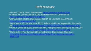 Referencias:
Ecured. (2020). Flora . Obtenido de https://www.ecured.cu/Flora
Raffino, M. (24 de Julio de 2020). Factores bióticos. Obtenido de
https://concepto.de/factores-bioticos/
ZONA ÁRIDA. (2019). Obtenido de FLORA DE LAS ISLAS GALÁPAGOS:
https://toursgalapagos.info/
Lugar Verde. (31 de Marzo de 2015). Diferencia Flora y Vegetación. Obtenido
de http://mygranitodearena.blogspot.com/2015/03/flora-y-vegetacion.html
Ucha, F. (junio de 2010). Definición ABC. Recuperado el 24 de julio de 2020, de
https://www.definicionabc.com/medio-ambiente/vegetacion.php
Daniela, R. (17 de Junio de 2015). Slideshare. Obtenido de Slideshare:
https://es.slideshare.net/DanielaRojas56/la-flora-y-fauna-en-ecuador-
49485718
 