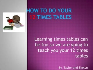 Learning times tables can
be fun so we are going to
teach you your 12 times
tables
By. Taylor and Evelyn

 