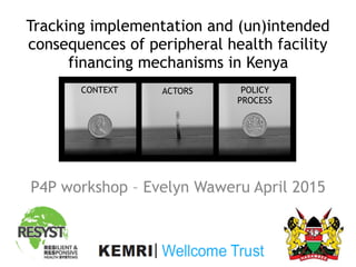 Tracking implementation and (un)intended 
consequences of peripheral health facility
financing mechanisms in Kenya
P4P workshop – Evelyn Waweru April 2015
POLICY
PROCESS
CONTEXT ACTORS
 