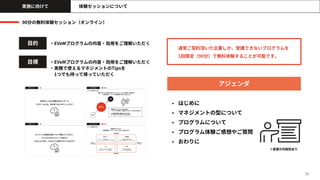 38
実施に向けて 体験セッションについて
アジェンダ
通常ご契約頂いた企業しか、受講できないプログラムを
1回限定（90分）で無料体験することが可能です。
• はじめに
• マネジメントの型について
• プログラムについて
• プログラム体験ご感想やご質問
• おわりに
※変更の可能性あり
90分の無料体験セッション（オンライン）
目的
目標
・EVeMプログラムの内容・効用をご理解いただく
・EVeMプログラムの内容・効用をご理解いただく
・実務で使えるマネジメントのTipsを
1つでも持って帰っていただく
 