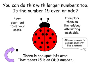 You can do this with larger numbers too.
Is the number 15 even or odd?
First,
count out
15 of your
spots.
Then place
them on
the ladybug
alternating
each side.
Alternate means to
go back and forth
like a pattern.
There is one spot left over.
That means 15 is an ODD number.
 