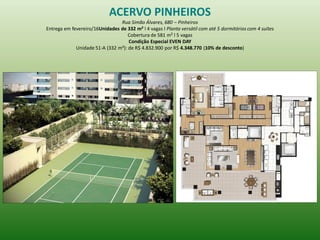 ACERVO PINHEIROS 
Rua Simão Álvares, 680 – Pinheiros 
Entrega em fevereiro/16Unidades de 332 m² l 4 vagas l Planta versátil com até 5 dormitórios com 4 suítes 
Cobertura de 581 m² l 5 vagas 
Condição Especial EVEN DAY 
Unidade 51-A (332 m²): de R$ 4.832.900 por R$ 4.348.770 (10% de desconto) 
 