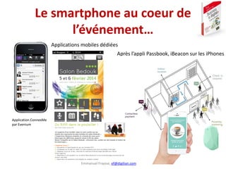 Emmanuel Fraysse, ef@digilian.com
Le smartphone au coeur de
l’événement…
Application ConnexMe
par Evenium
Applications mobiles dédiées
Après l’appli Passbook, iBeacon sur les iPhones
 