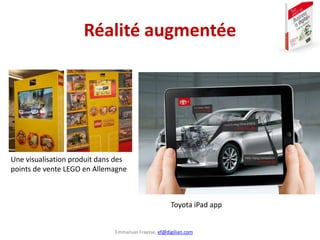 Emmanuel Fraysse, ef@digilian.com
Réalité augmentée
Une visualisation produit dans des
points de vente LEGO en Allemagne
Toyota iPad app
 