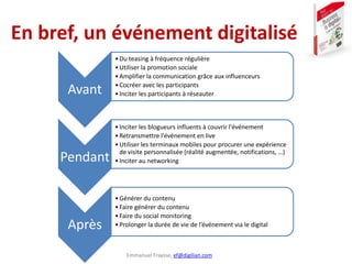 Emmanuel Fraysse, ef@digilian.com
En bref, un événement digitalisé
Avant
•Du teasing à fréquence régulière
•Utiliser la promotion sociale
•Amplifier la communication grâce aux influenceurs
•Cocréer avec les participants
•Inciter les participants à réseauter
Pendant
•Inciter les blogueurs influents à couvrir l'événement
•Retransmettre l'événement en live
•Utiliser les terminaux mobiles pour procurer une expérience
de visite personnalisée (réalité augmentée, notifications, …)
•Inciter au networking
Après
•Générer du contenu
•Faire générer du contenu
•Faire du social monitoring
•Prolonger la durée de vie de l’événement via le digital
 