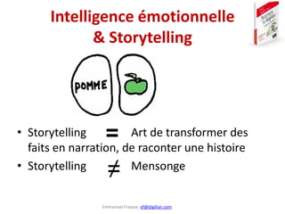 Emmanuel Fraysse, ef@digilian.com
Intelligence émotionnelle
& Storytelling
• Storytelling Art de transformer des
faits en narration, de raconter une histoire
• Storytelling Mensonge
 