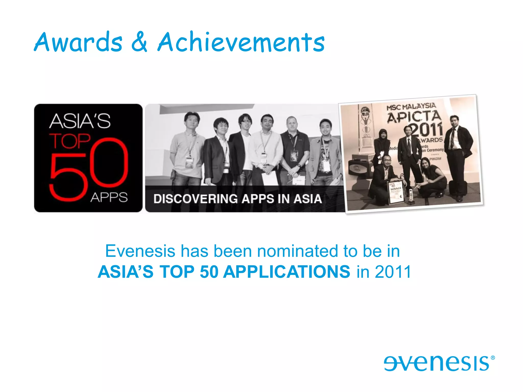 Awards & Achievements




     Evenesis has been nominated to be in
    ASIA’S TOP 50 APPLICATIONS in 2011
 
