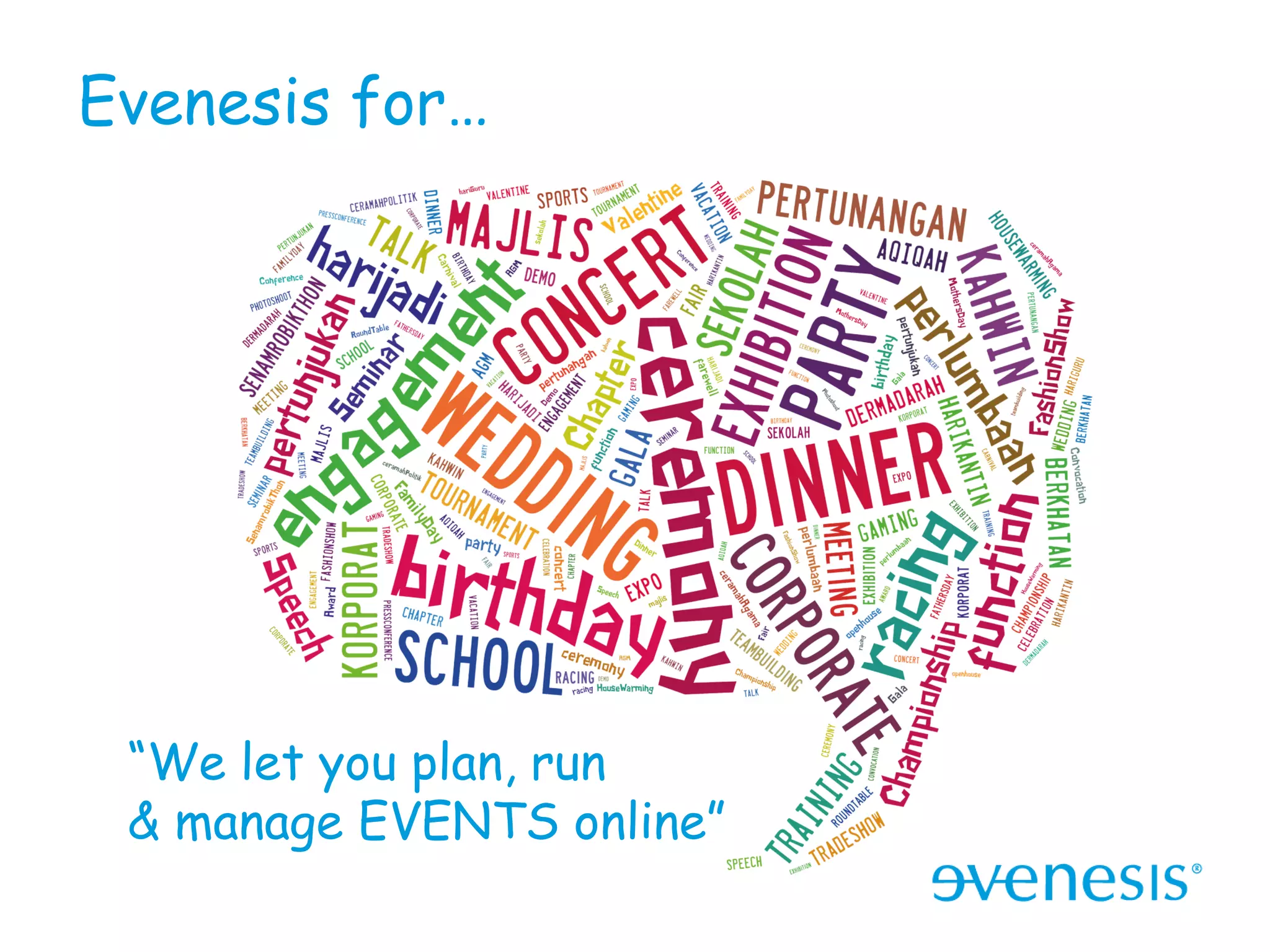 Evenesis for…




 “We let you plan, run
 & manage EVENTS online”
 