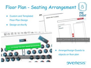 Floor Plan - Seating Arrangement
 Custom and Templated
 Floor Plan Design

 Design on-the-fly




                        Arrange/Assign Guests to
                        objects on floor plan
 