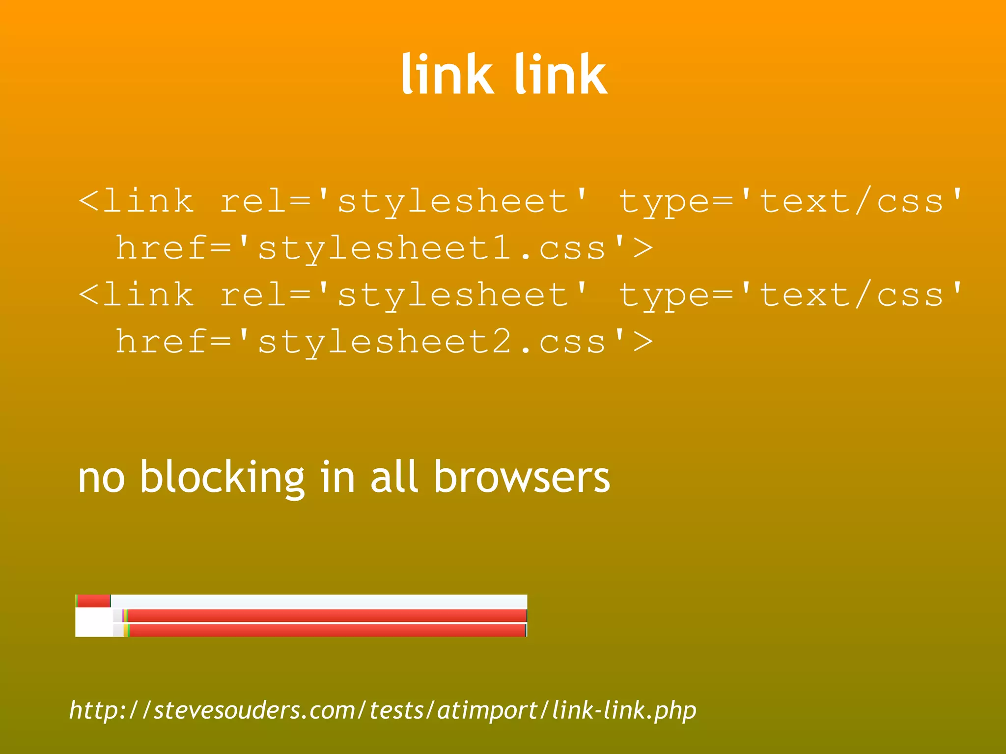 link link

<link rel='stylesheet' type='text/css'
  href='stylesheet1.css'>
<link rel='stylesheet' type='text/css'
  href='stylesheet2.css'>


no blocking in all browsers




http://stevesouders.com/tests/atimport/link-link.php
 