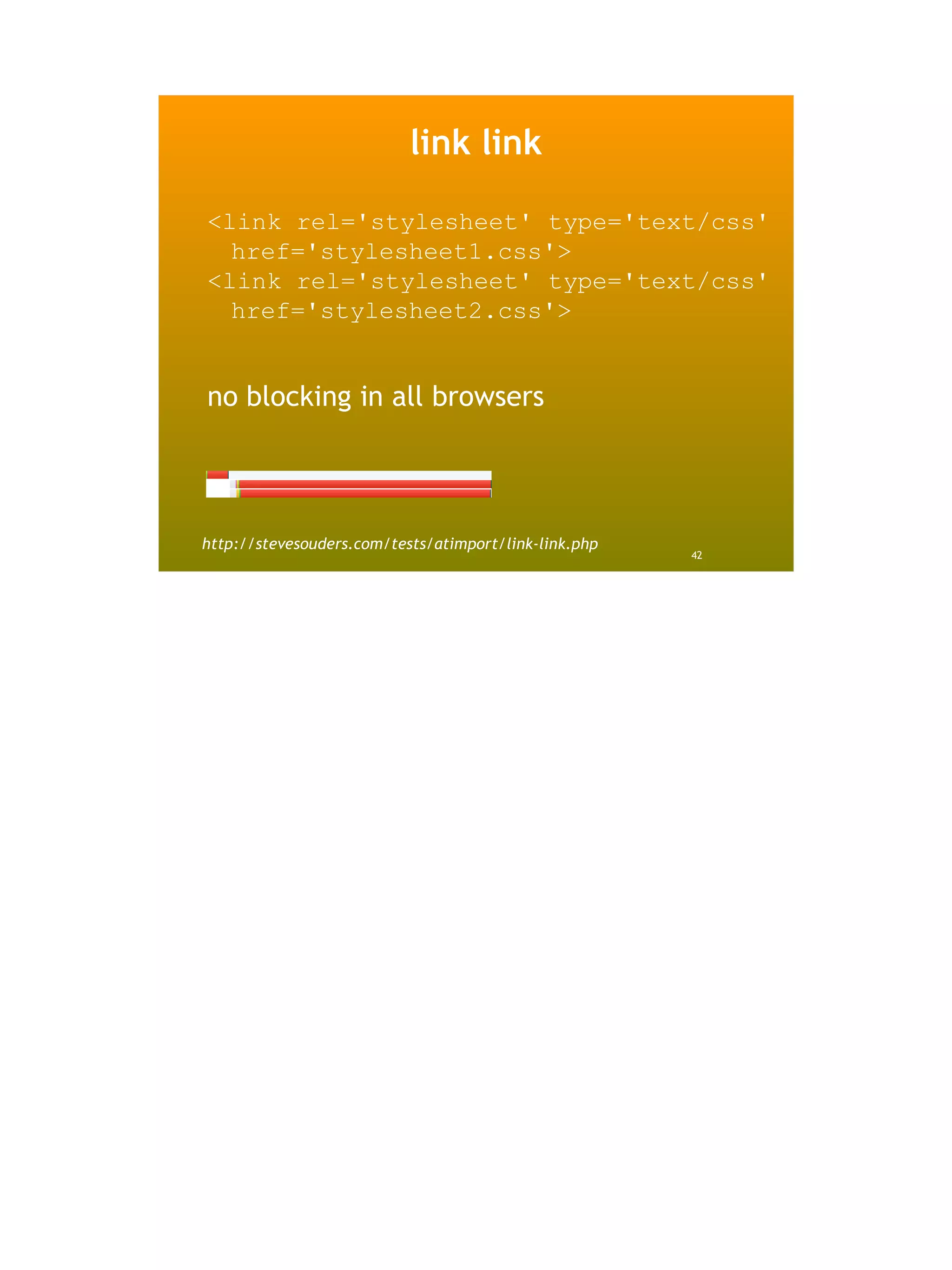 link link

<link rel='stylesheet' type='text/css'
  href='stylesheet1.css'>
<link rel='stylesheet' type='text/css'
  href='stylesheet2.css'>


no blocking in all browsers




http://stevesouders.com/tests/atimport/link-link.php
                                                       42
 