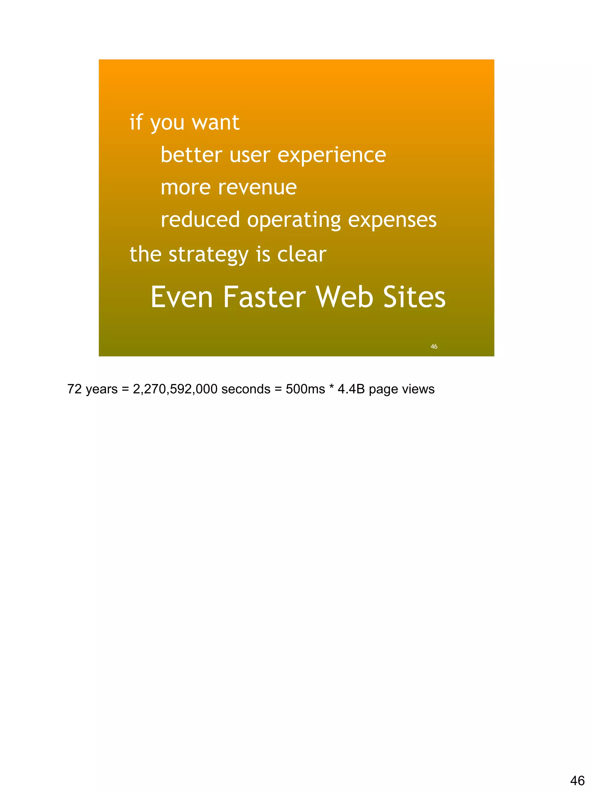 if you want
             better user experience
             more revenue
             reduced operating expenses
         the strategy is clear

             Even Faster Web Sites
                                                         46




72 years = 2,270,592,000 seconds = 500ms * 4.4B page views




                                                              46
 