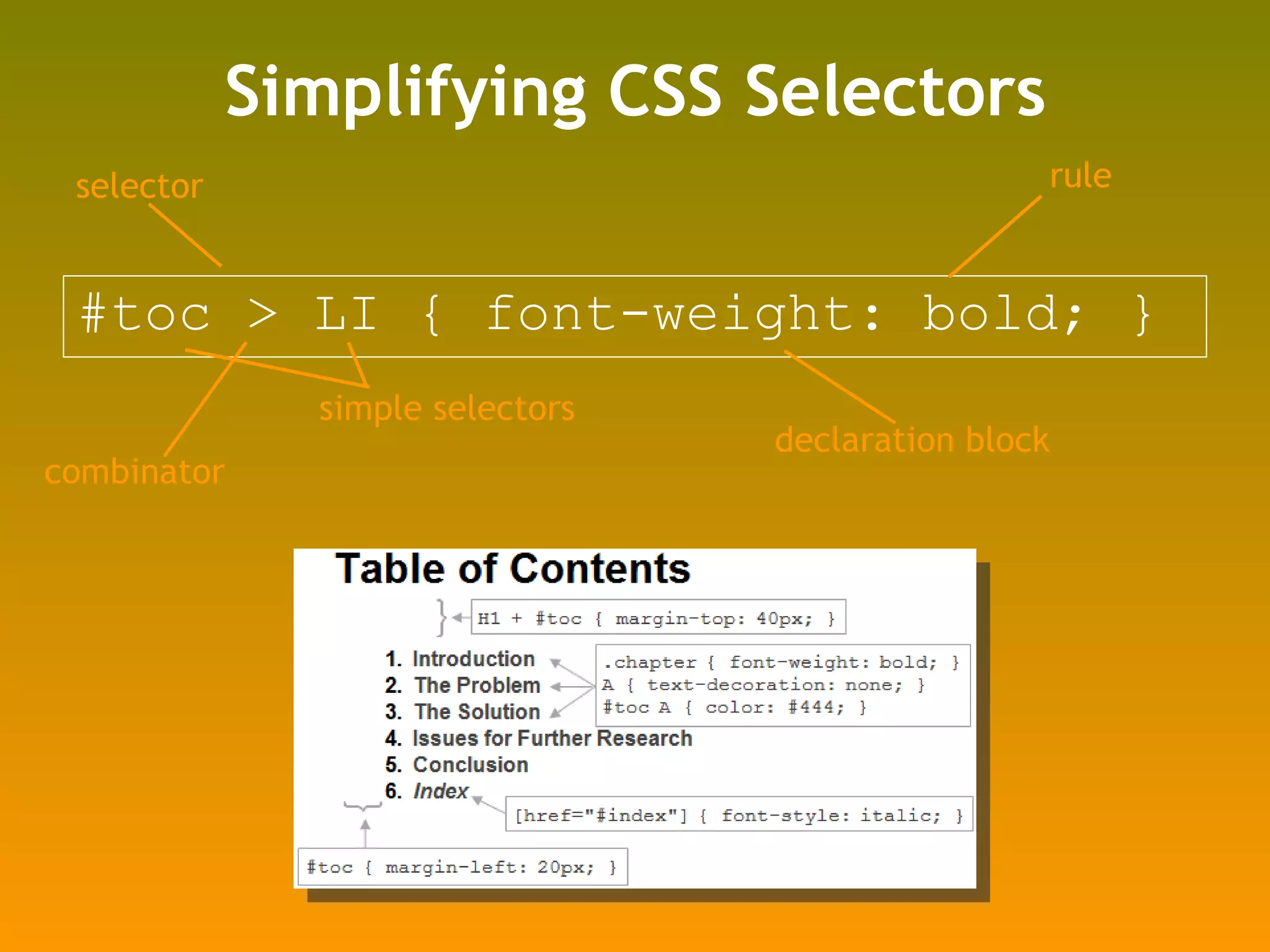 Simplifying CSS Selectors #toc > LI { font-weight: bold; } combinator simple selectors selector declaration block rule 