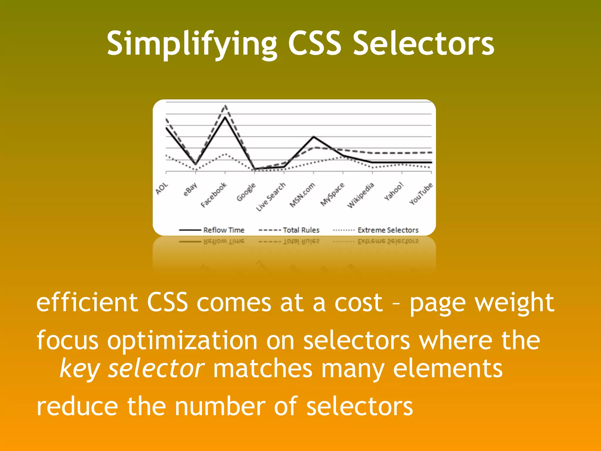 Simplifying CSS Selectors efficient CSS comes at a cost – page weight focus optimization on selectors where the  key selector  matches many elements reduce the number of selectors 