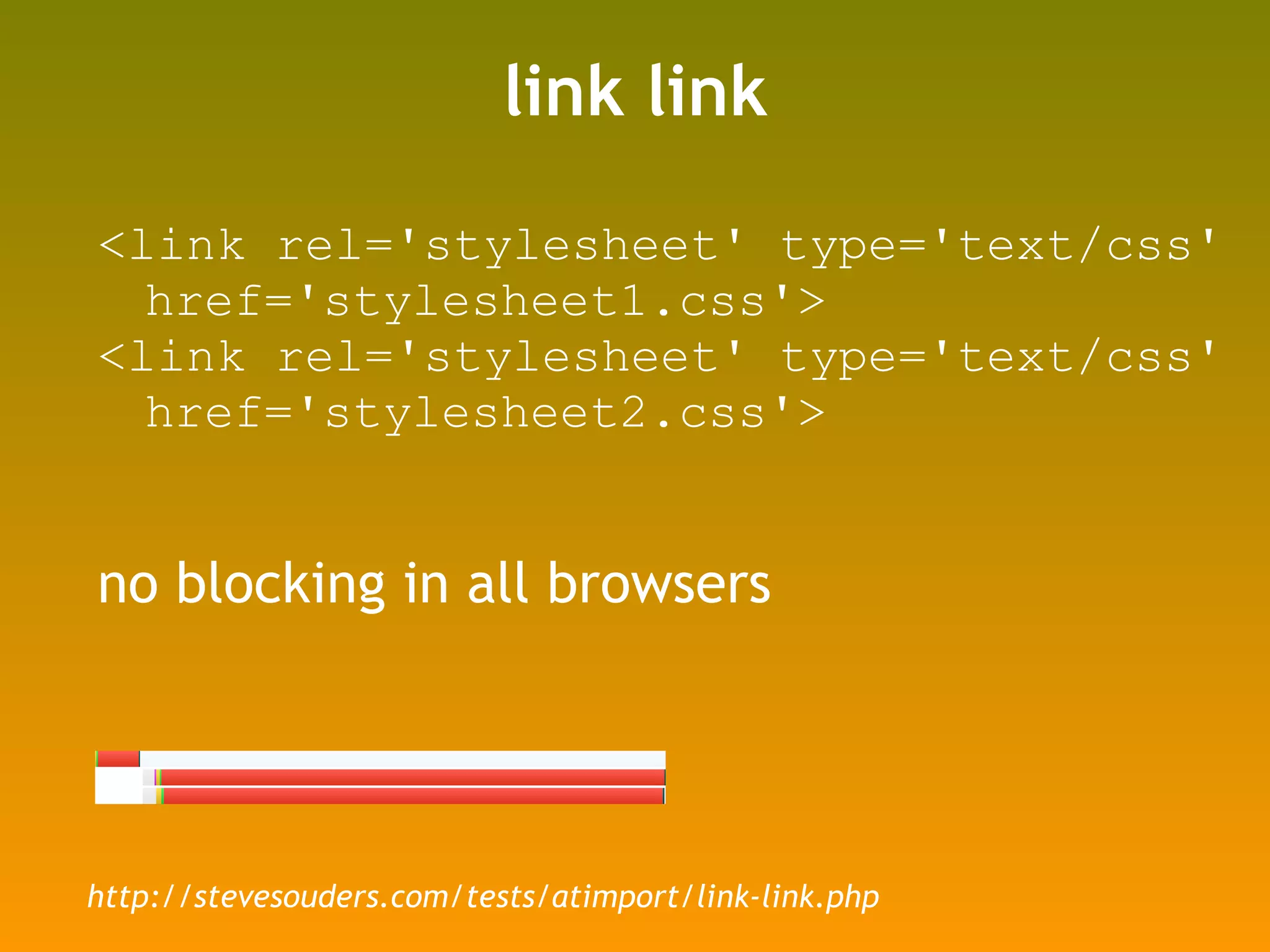 link link <link rel='stylesheet' type='text/css' href='stylesheet1.css'> <link rel='stylesheet' type='text/css' href='stylesheet2.css'> no blocking in all browsers http://stevesouders.com/tests/atimport/link-link.php 