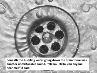 Beneath the burbling water going down the drain there was
another unmistakable sound. “Hello? Hello, can anyone
hear me?” it said.
 