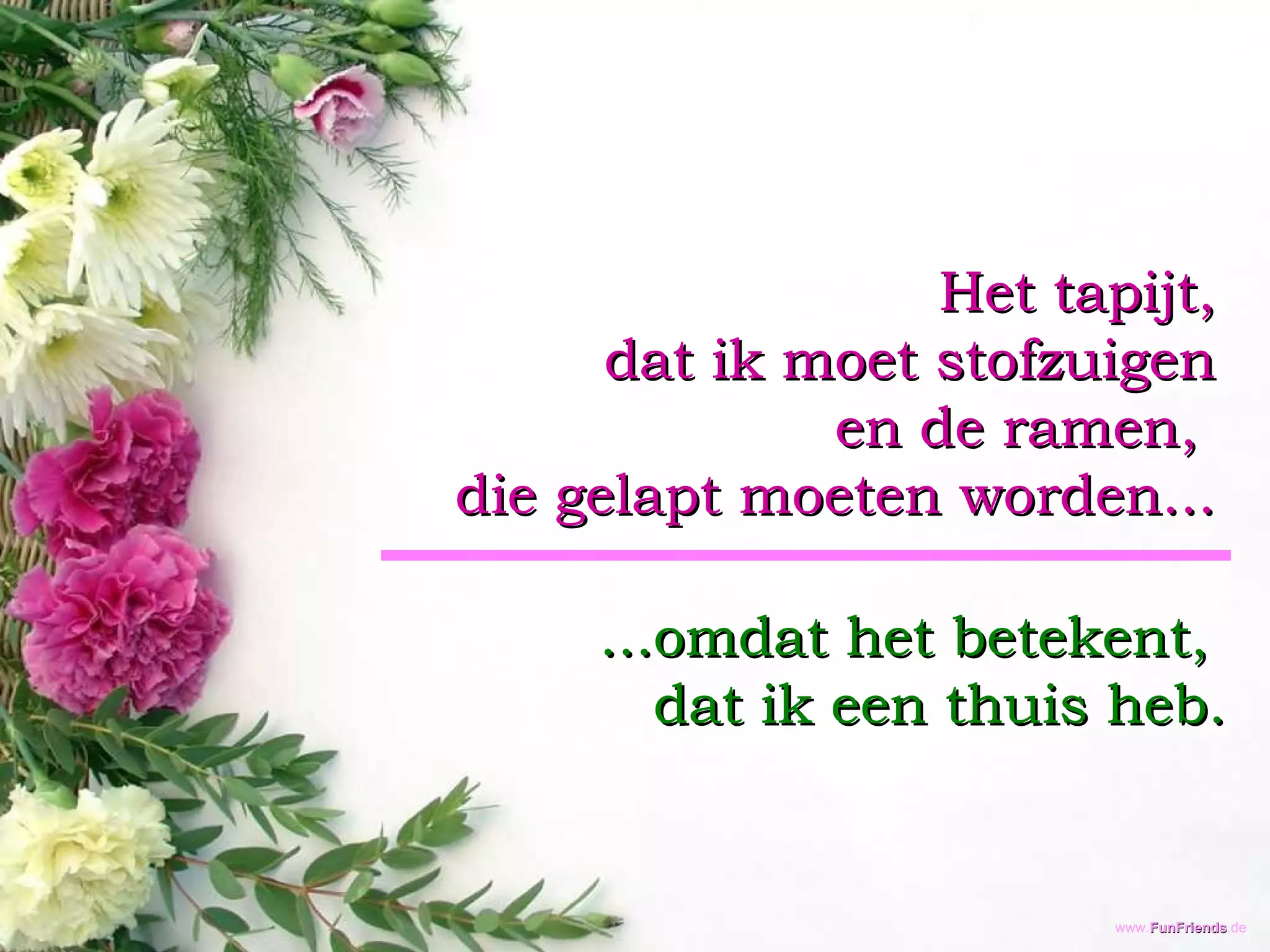 Het tapijt, dat ik moet stofzuigen en de ramen,  die gelapt moeten worden... ...omdat het betekent,  dat ik een thuis heb. 