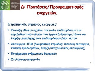 15 
ΔΔ:: ΠΠρροοττάάσσεειιςς//ΠΠρροογγρρααμμμμααττιισσμμόόςς 
εεννεερργγεειιώώνν.. 
ΣΣττρρααττηηγγιικκήήςς σσηημμαασσίίααςς εεννέέρργγεειιεεςς:: 
ΣΣύύννττααξξηη εεθθννιικκοούύ σσχχεεδδίίοουυ τταακκττιικκώώνν εεππιιθθεεωωρρήήσσεεωωνν ττωωνν 
ππεερριιββααλλλλοοννττιικκώώνν ααδδεειιώώνν ττωωνν έέρργγωωνν && δδρραασσττηηρριιοοττήήττωωνν κκααιι 
έέννααρρξξηη υυλλοοπποοίίηησσηηςς ττωωνν εεππιιθθεεωωρρήήσσεεωωνν ββάάσσεειι ααυυττοούύ 
ΛΛεειιττοουυρργγίίαα ΗΗΠΠΜΜ ((δδοοκκιιμμαασσττιικκήή ππεερρίίοοδδοοςς:: ππιιλλοοττιικκήή λλεειιττοουυρργγίίαα,, 
εεππίίλλυυσσηη ππρροοββλληημμάάττωωνν,, έέννααρρξξηη υυπποοχχρρεεωωττιικκήήςς λλεειιττοουυρργγίίααςς)) 
ΕΕππιιμμόόρρφφωωσσηη ααννθθρρώώππιιννοουυ δδυυννααμμιικκοούύ 
ΣΣττεελλέέχχωωσσηη υυππηηρρεεσσιιώώνν 
 