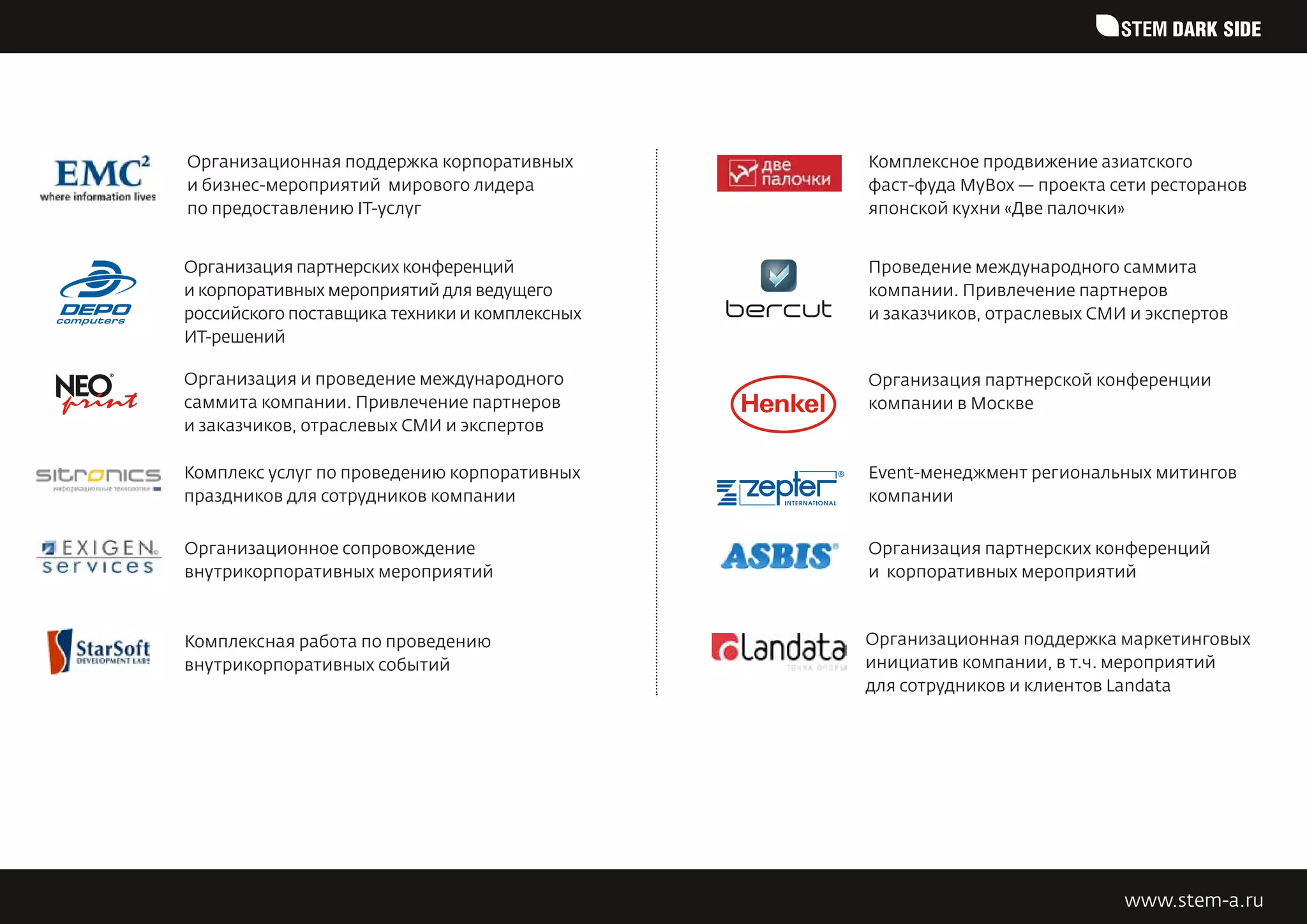 STEM DARK SIDE




Организационная поддержка корпоративных        Комплексное продвижение азиатского
и бизнес-мероприятий  мирового лидера          фаст-фуда MyBox — проекта сети ресторанов
по предоставлению IT-услуг                     японской кухни «Две палочки»


Организация партнерских конференций            Проведение международного саммита
и корпоративных мероприятий для ведущего       компании. Привлечение партнеров
российского поставщика техники и комплексных   и заказчиков, отраслевых СМИ и экспертов
ИТ-решений

Организация и проведение международного        Организация партнерской конференции
саммита компании. Привлечение партнеров        компании в Москве
и заказчиков, отраслевых СМИ и экспертов

Комплекс услуг по проведению корпоративных     Event-менеджмент региональных митингов
праздников для сотрудников компании            компании


Организационное сопровождение                  Организация партнерских конференций
внутрикорпоративных мероприятий                и  корпоративных мероприятий



Комплексная работа по проведению               Организационная поддержка маркетинговых
внутрикорпоративных событий                    инициатив компании, в т.ч. мероприятий
                                               для сотрудников и клиентов Landata




                                                                           www.stem-a.ru
 