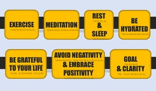 EXERCISE MEDITATION
REST
&
SLEEP
BE
HYDRATED
BE GRATEFUL
TO YOUR LIFE
AVOID NEGATIVITY
& EMBRACE
POSITIVITY
GOAL
&CLARITY
 