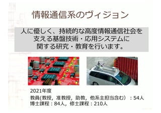 情報通信系のヴィジョン
⼈に優しく、持続的な⾼度情報通信社会を
⽀える基盤技術・応⽤システムに
関する研究・教育を⾏います。
2021年度
教員(教授，准教授，助教，他系主担当含む）︓54⼈
博⼠課程︓84⼈，修⼠課程︓210⼈
 