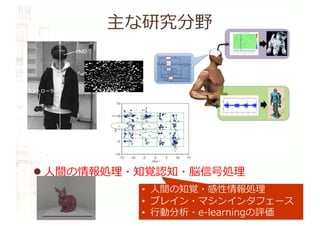 l 情報伝送・ネットワーク制御
l 集積回路・組込みシステム・IoT
l 信号処理・画像処理・⾳声処理・⾔語処理
l インターフェース・センサ・拡張現実
l ⼈間の情報処理・知覚認知・脳信号処理
• ⼈間の知覚・感性情報処理
• ブレイン・マシンインタフェース
• ⾏動分析・e-learningの評価
tes.google.com/view/tokyotech-ice-nagailab/
1 (a) (b)
主な研究分野
( 1) ,
.
.
,
.
1 . .
Fig. 1 Experiment situation: Vertical arrow
indicates the yaw axis
2
Fig. 2 Examples of visual stimuli
2.2
2.2.1
2.2.2
Unity (Unity 2018.1.1, Unity
Technology Inc.) PC (Alienware AU-
RORA (CPU : Intel CoreTMi7-8700K, Memory :
16GB, Graphics : GeForce GTX 1080, OS : Win-
dows 10 64bit), Alienware Corporation) HMD
(HTC Vive, HTC Corporation)
1080 1200
pixel 110◦
90Hz
(Bose CC-15, Bose Corporation)
HMD 90Hz ,
,
2.2.3
2.0 5.0m
0.1m 50000
HMD
2
2.2.4
HMD
HMD
90◦
, 180◦
, 270◦
, 360◦
1
HMD
. HMD
.
2.2.5
HMD
90Hz
1 . .
Fig. 1 Experiment situation: Vertical arrow
indicates the yaw axis
2
Fig. 2 Examples of visual stimuli
2.2
2.2.1
4 1 5 3
2.2.3
2.0 5.0m
0.1m 50000
HMD
2
2.2.4
HMD
HMD
90◦
, 180◦
, 270◦
, 360◦
1
HMD
. HMD
.
2.2.5
HMD
90Hz
HMD ,
―268―
 