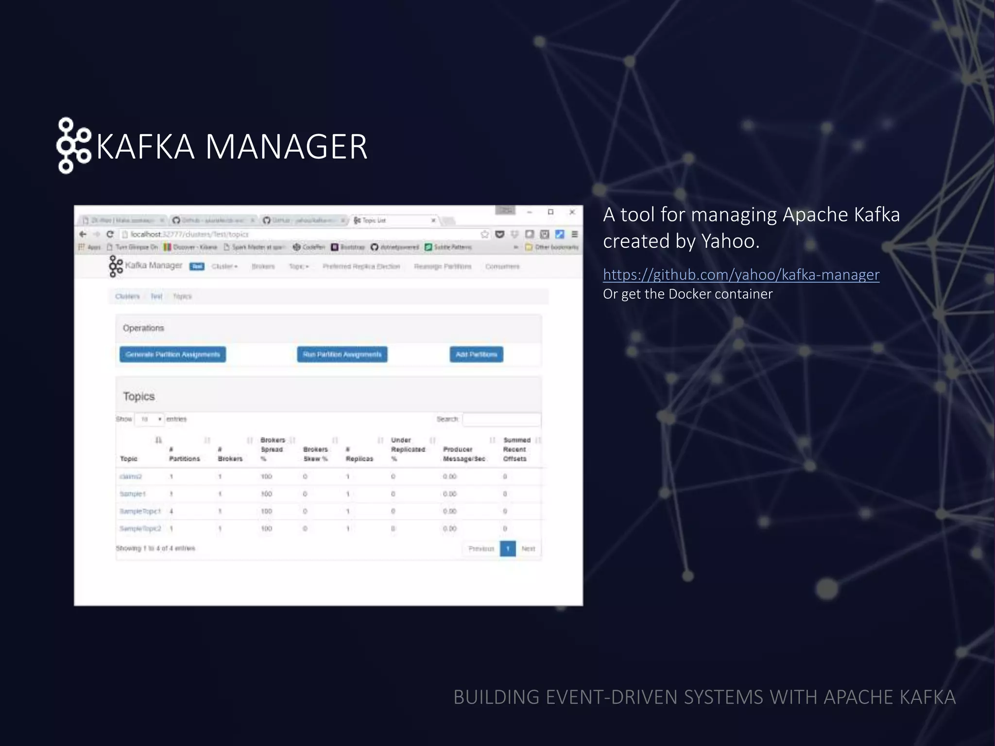 BUILDING EVENT-DRIVEN SYSTEMS WITH APACHE KAFKA
KAFKA MANAGER
https://github.com/yahoo/kafka-manager
A tool for managing Apache Kafka
created by Yahoo.
Or get the Docker container
 
