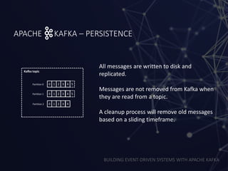 BUILDING EVENT-DRIVEN SYSTEMS WITH APACHE KAFKA
APACHE KAFKA – PERSISTENCE
Kafka topic
0 1 2 3 4 5
0 1 2 3 4
0 1 2 3 4
5
Partition 0
Partition 1
Partition 2
All messages are written to disk and
replicated.
Messages are not removed from Kafka when
they are read from a topic.
A cleanup process will remove old messages
based on a sliding timeframe.
 