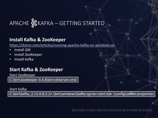 BUILDING EVENT-DRIVEN SYSTEMS WITH APACHE KAFKA
APACHE KAFKA – GETTING STARTED
Install Kafka & ZooKeeper
https://dzone.com/articles/running-apache-kafka-on-windows-os
• Install JDK
• Install ZooKeeper
• Install Kafka
Start Kafka & ZooKeeper
Start ZooKeeper
C:binzookeeper-3.4.8bin>zkServer.cmd
Start Kafka
C:binkafka_2.11-0.8.2.2>.binwindowskafka-server-start.bat .configserver.properties
 