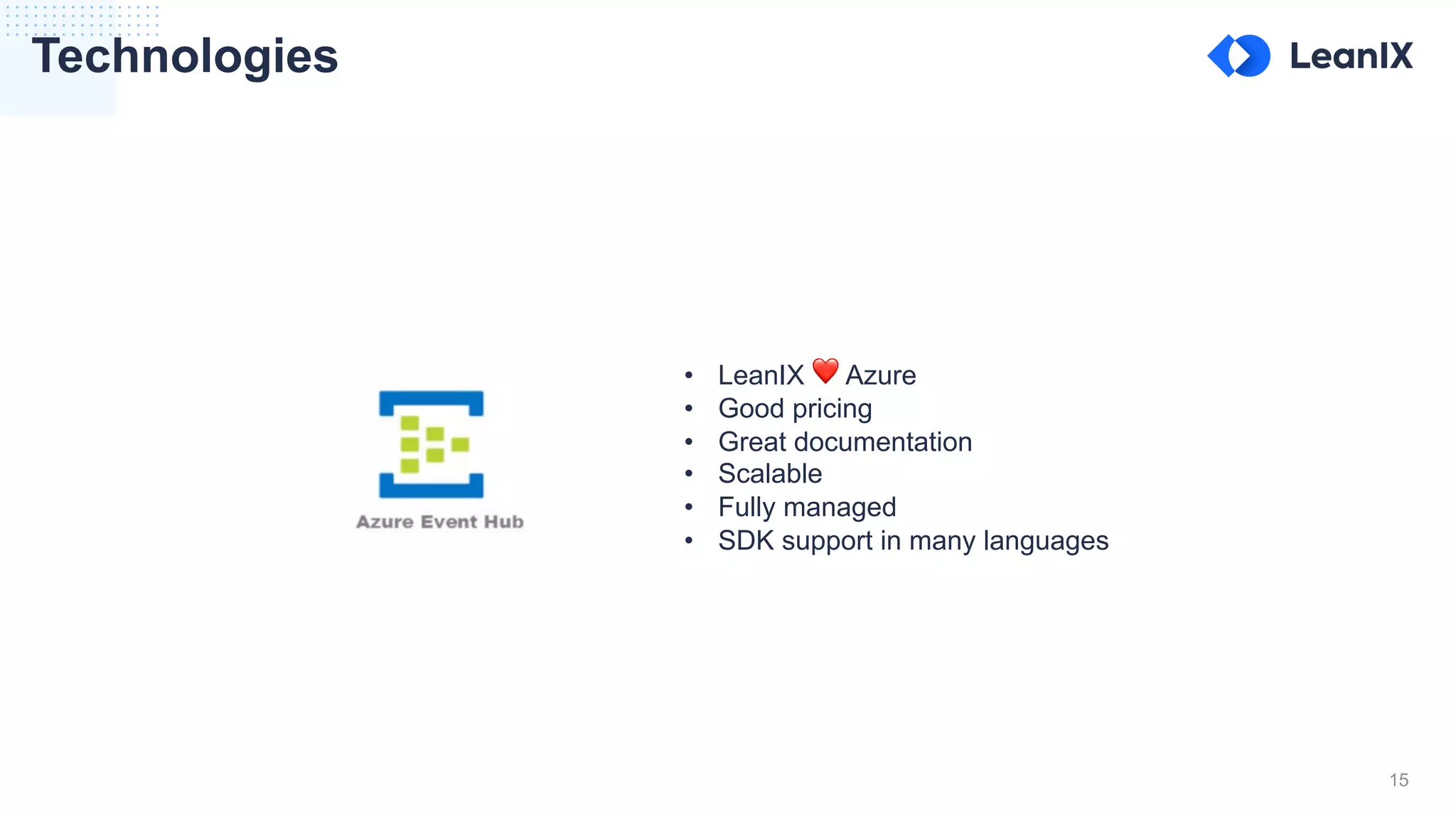 15
Technologies
• LeanIX ❤ Azure
• Good pricing
• Great documentation
• Scalable
• Fully managed
• SDK support in many languages
 