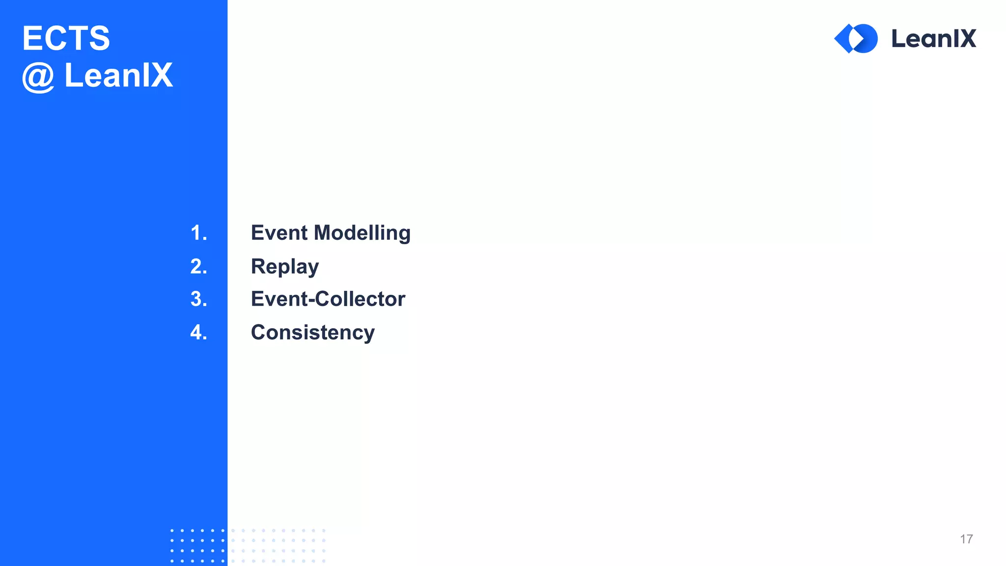 17
ECTS
@ LeanIX
1. Event Modelling
2. Replay
3. Event-Collector
4. Consistency
 