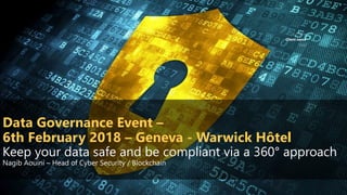 Client name
ELCA for
Date
Data Governance Event –
6th February 2018 – Geneva - Warwick Hôtel
Keep your data safe and be compliant via a 360° approach
Nagib Aouini – Head of Cyber Security / Blockchain
 