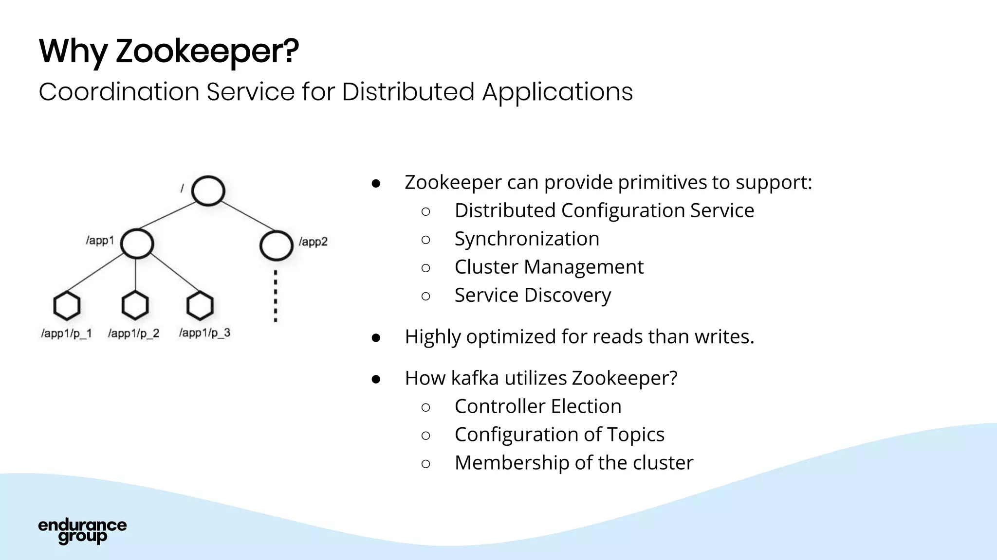 Why Zookeeper?
● Zookeeper can provide primitives to support:
○ Distributed Configuration Service
○ Synchronization
○ Cluster Management
○ Service Discovery
● Highly optimized for reads than writes.
● How kafka utilizes Zookeeper?
○ Controller Election
○ Configuration of Topics
○ Membership of the cluster
Coordination Service for Distributed Applications
 