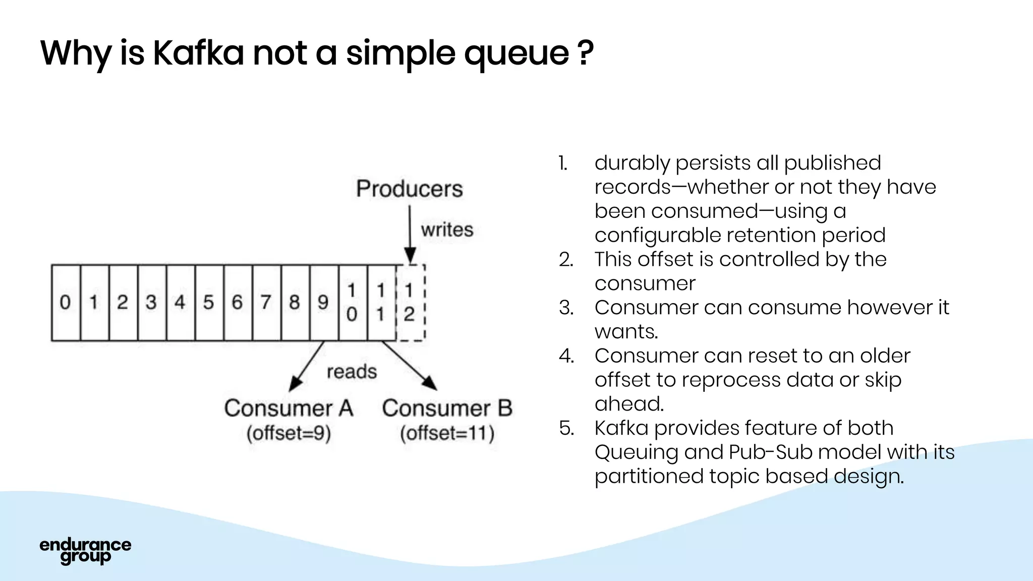 Why is Kafka not a simple queue ?
1. durably persists all published
records—whether or not they have
been consumed—using a
configurable retention period
2. This offset is controlled by the
consumer
3. Consumer can consume however it
wants.
4. Consumer can reset to an older
offset to reprocess data or skip
ahead.
5. Kafka provides feature of both
Queuing and Pub-Sub model with its
partitioned topic based design.
 