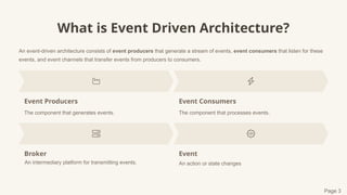 What is Event Driven Architecture?
An event-driven architecture consists of event producers that generate a stream of events, event consumers that listen for these
events, and event channels that transfer events from producers to consumers.
Event Producers
The component that generates events.
Event Consumers
The component that processes events.
Broker
An intermediary platform for transmitting events.
Event
Page 3
An action or state changes
 