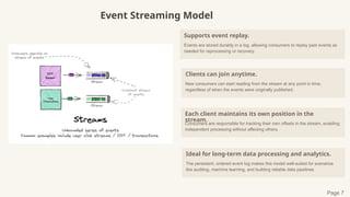 Event Streaming Model
Page 7
Supports event replay.
Events are stored durably in a log, allowing consumers to replay past events as
needed for reprocessing or recovery.
Clients can join anytime.
New consumers can start reading from the stream at any point in time,
regardless of when the events were originally published.
Each client maintains its own position in the
stream.
Consumers are responsible for tracking their own offsets in the stream, enabling
independent processing without affecting others.
Ideal for long-term data processing and analytics.
The persistent, ordered event log makes this model well-suited for scenarios
like auditing, machine learning, and building reliable data pipelines
 