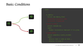 Basic: Conditions
© 2016 BROCADE COMMUNICATIONS SYSTEMS, INC. 36
tasks:
...
t1_deploy:
action: ops.deploy_fleet
on-success: t2_post_to_chat
on-failure: t3_page_ops
t2_post_to_chat:
action: chatops.say
input:
header: Successfully deployed <% $.t1_diag
t3_page_admin:
action: pagerduty.launch_incident
input:
details: Have to wake up dude...
details: <% $.msg %>
t1
t2
t3
 