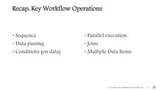 Recap: Key Workflow Operations
• Sequence
• Data passing
• Conditions (on data)
• Parallel execution
• Joins
• Multiple Data Items
© 2016 BROCADE COMMUNICATIONS SYSTEMS, INC. 46
 