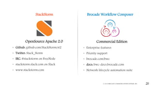 OpenSource Apache 2.0
• Github: github.com/StackStorm/st2
• Twitter: Stack_Storm
• IRC: #stackstorm on FreeNode
• stackstorm.slack.com on Slack
• www.stackstorm.com
© 2016 BROCADE COMMUNICATIONS SYSTEMS, INC. 63
StackStorm Brocade Workflow Composer
Commercial Edition
• Enterprise features
• Priority support
• brocade.com/bwc
• docs: bwc-docs.brocade.com
• Network lifecycle automation suite
 
