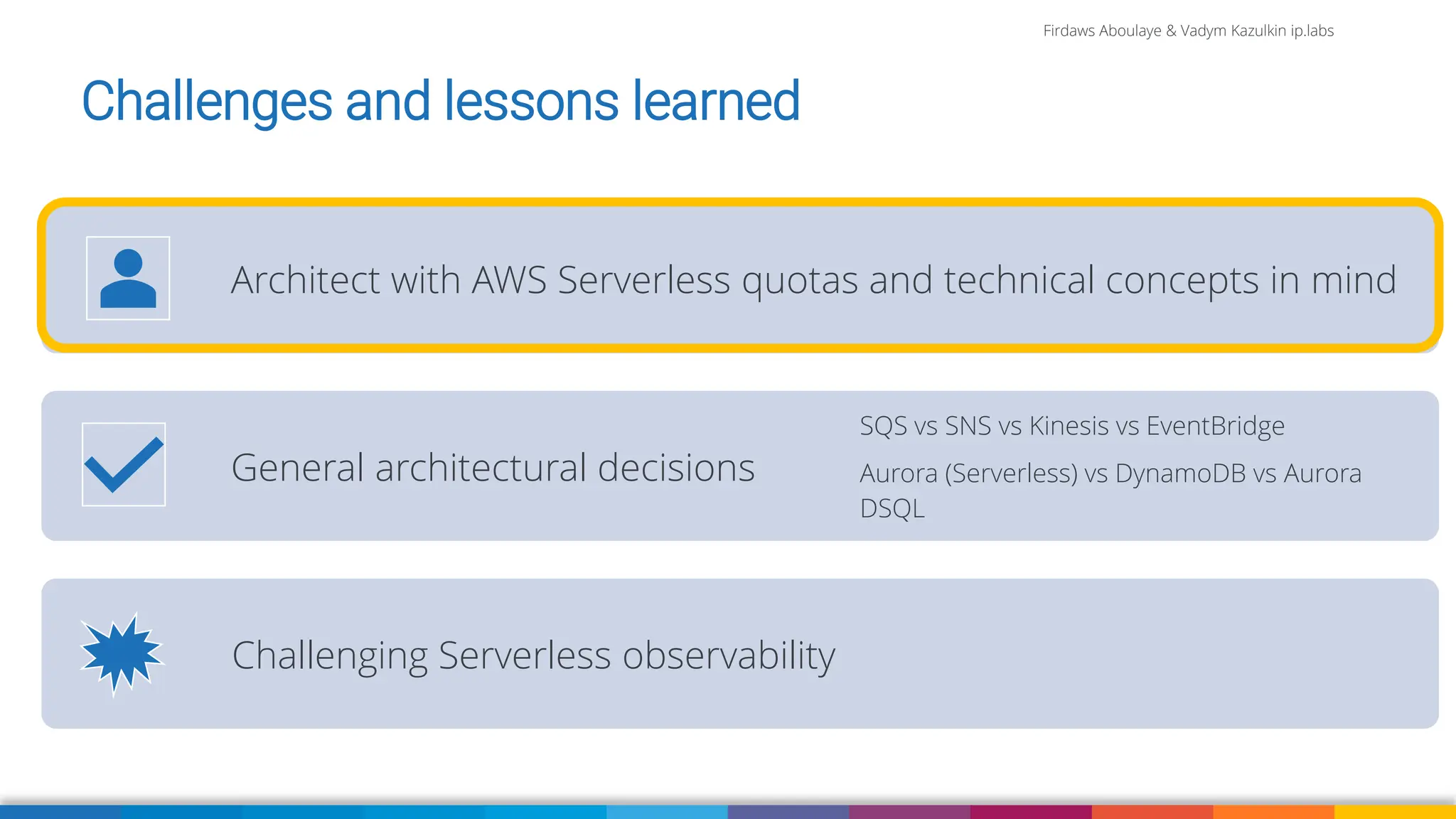Firdaws Aboulaye & Vadym Kazulkin ip.labs
Image: burst.shopify.com/photos/a-look-across-the-landscape-with-view-of-the-sea
Challenges and lessons learned
Architect with AWS Serverless quotas and technical concepts in mind
General architectural decisions
SQS vs SNS vs Kinesis vs EventBridge
Aurora (Serverless) vs DynamoDB vs Aurora
DSQL
Challenging Serverless observability
 