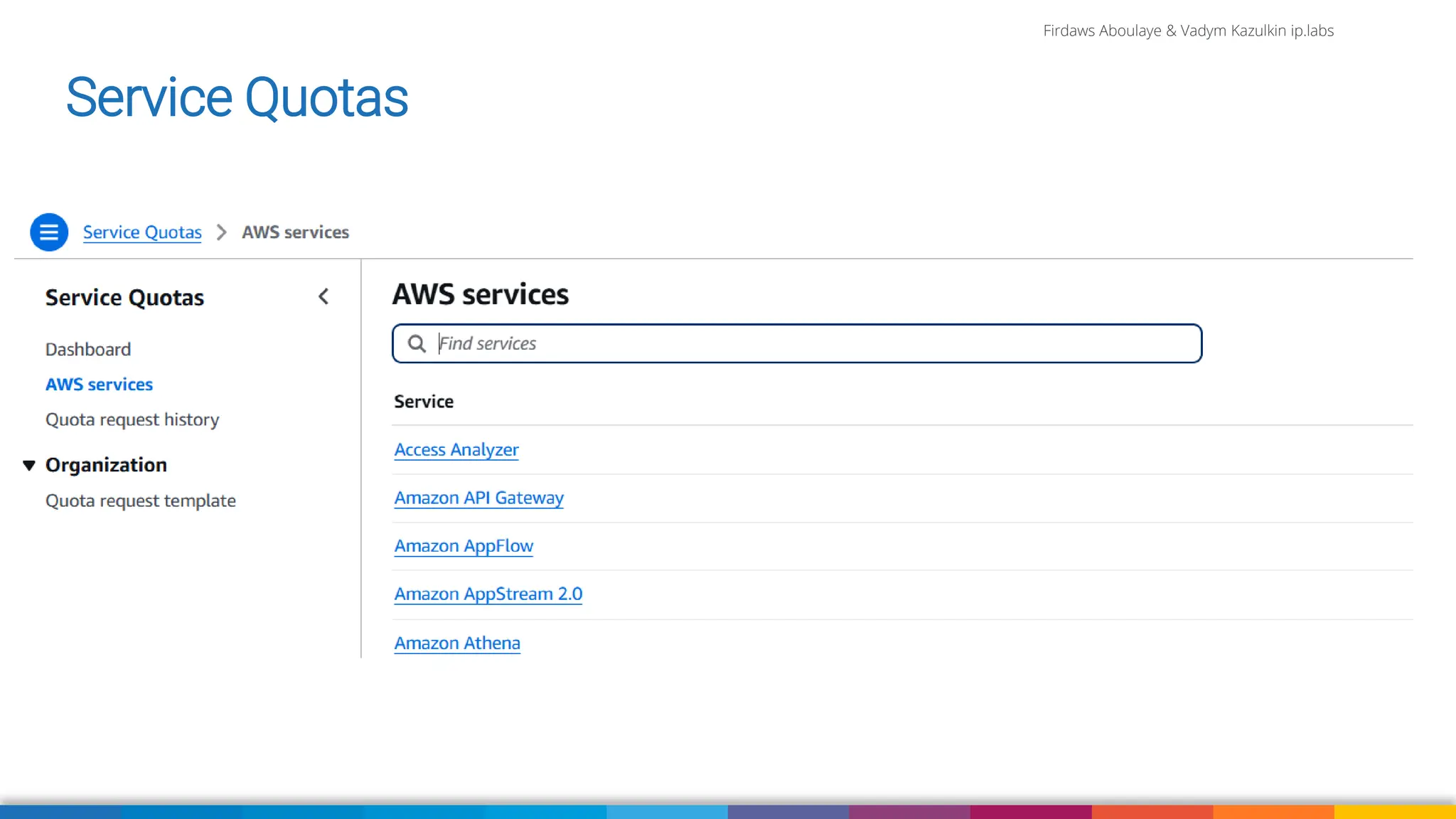 Firdaws Aboulaye & Vadym Kazulkin ip.labs
Image: burst.shopify.com/photos/a-look-across-the-landscape-with-view-of-the-sea
Service Quotas
 