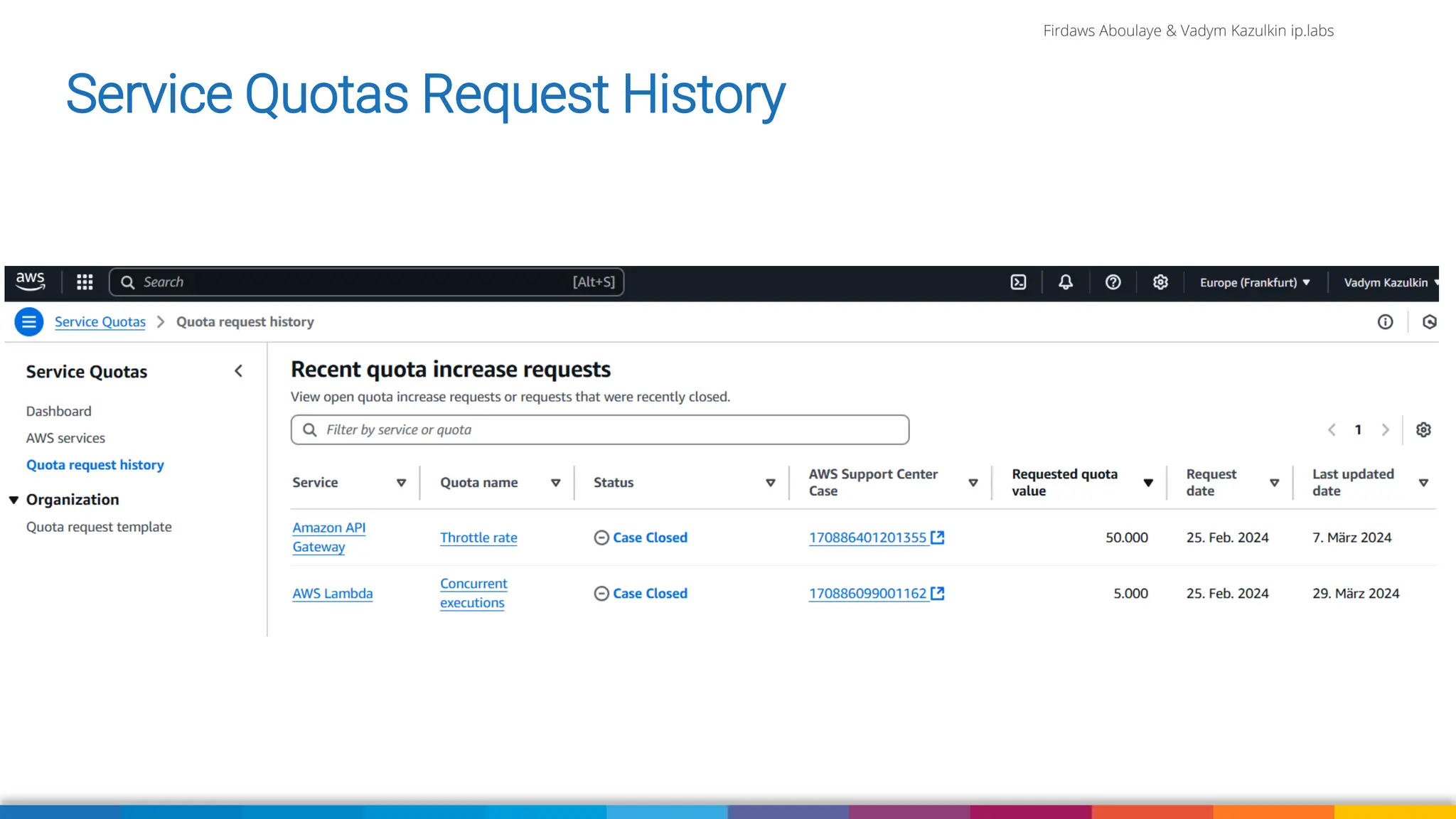 Firdaws Aboulaye & Vadym Kazulkin ip.labs
Image: burst.shopify.com/photos/a-look-across-the-landscape-with-view-of-the-sea
Service Quotas Request History
 