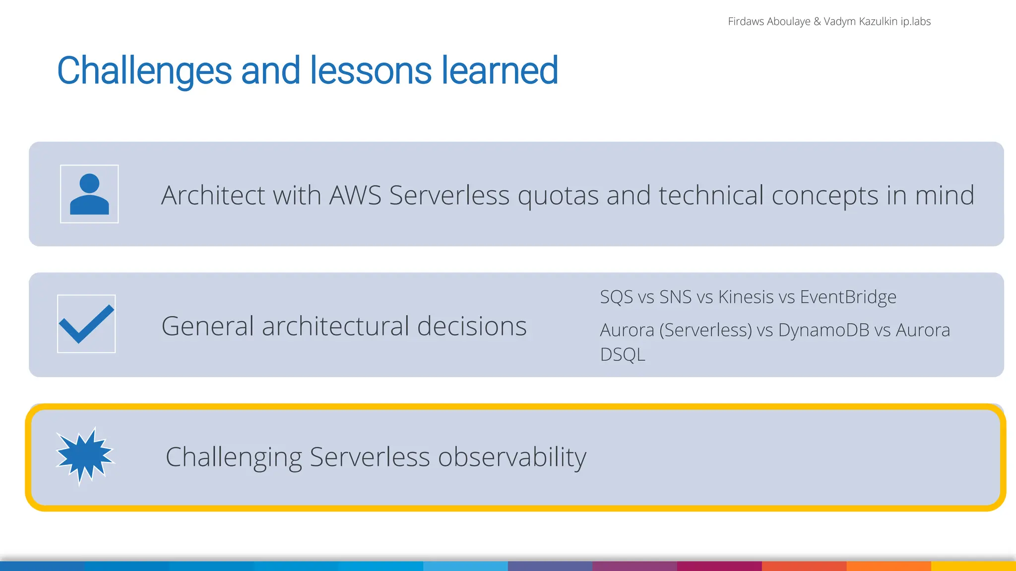 Firdaws Aboulaye & Vadym Kazulkin ip.labs
Image: burst.shopify.com/photos/a-look-across-the-landscape-with-view-of-the-sea
Challenges and lessons learned
Architect with AWS Serverless quotas and technical concepts in mind
General architectural decisions
SQS vs SNS vs Kinesis vs EventBridge
Aurora (Serverless) vs DynamoDB vs Aurora
DSQL
Challenging Serverless observability
 