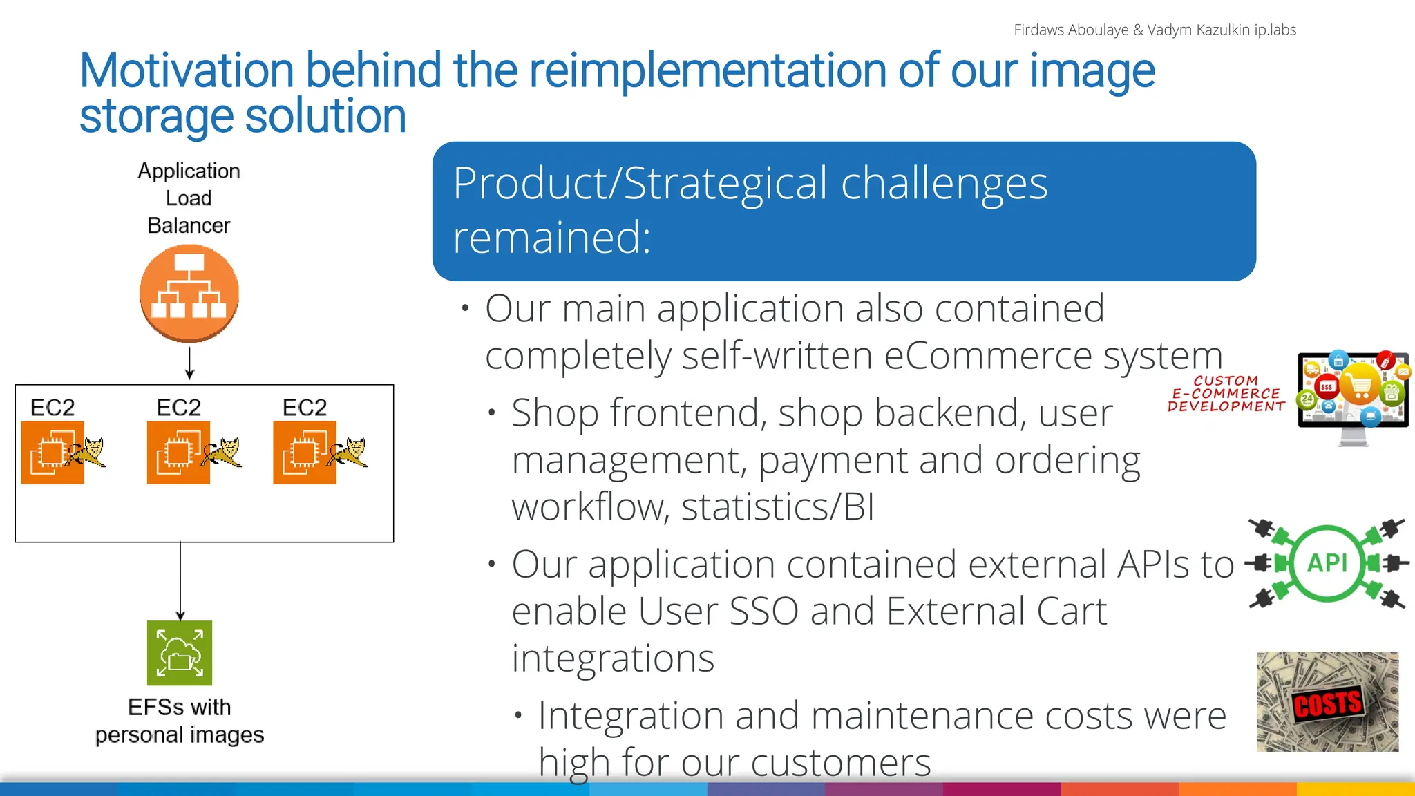 Firdaws Aboulaye & Vadym Kazulkin ip.labs
Image: burst.shopify.com/photos/a-look-across-the-landscape-with-view-of-the-sea
Motivation behind the reimplementation of our image
storage solution
Product/Strategical challenges
remained:
• Our main application also contained
completely self-written eCommerce system
• Shop frontend, shop backend, user
management, payment and ordering
workflow, statistics/BI
• Our application contained external APIs to
enable User SSO and External Cart
integrations
• Integration and maintenance costs were
high for our customers
 