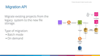 Firdaws Aboulaye & Vadym Kazulkin ip.labs
Migration API
Migrate existing projects from the
legacy system to the new file
storage.
Type of migration:
• Batch mode
• On demand
 